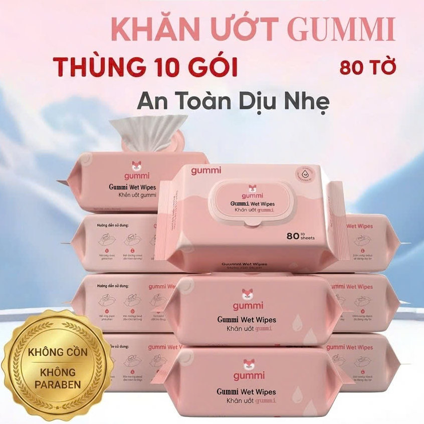 Combo 10 gói khăn ướt 80 tờ GUMMI chính hãng không chứa CỒN - An toàn cho mẹ…