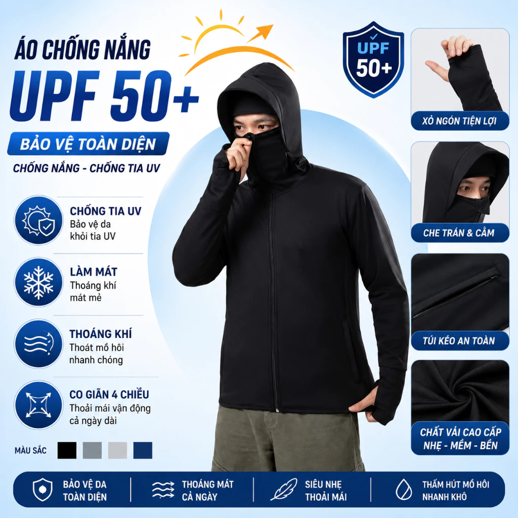 Áo chống nắng nam 2 lớp chống tia UV khoá kéo cổ cao co dãn 4 chiều thấm hút mồ hôi, thoáng khí