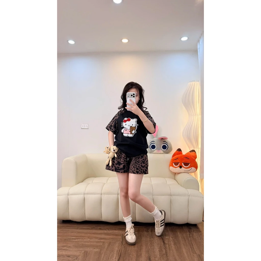 ( DEAL MỞ BÁN ) ÁO PHÔNG BABYTEE PHỐI TAY DA BEO HÌNH THÊU HELLOKITTY ÔM GẤU