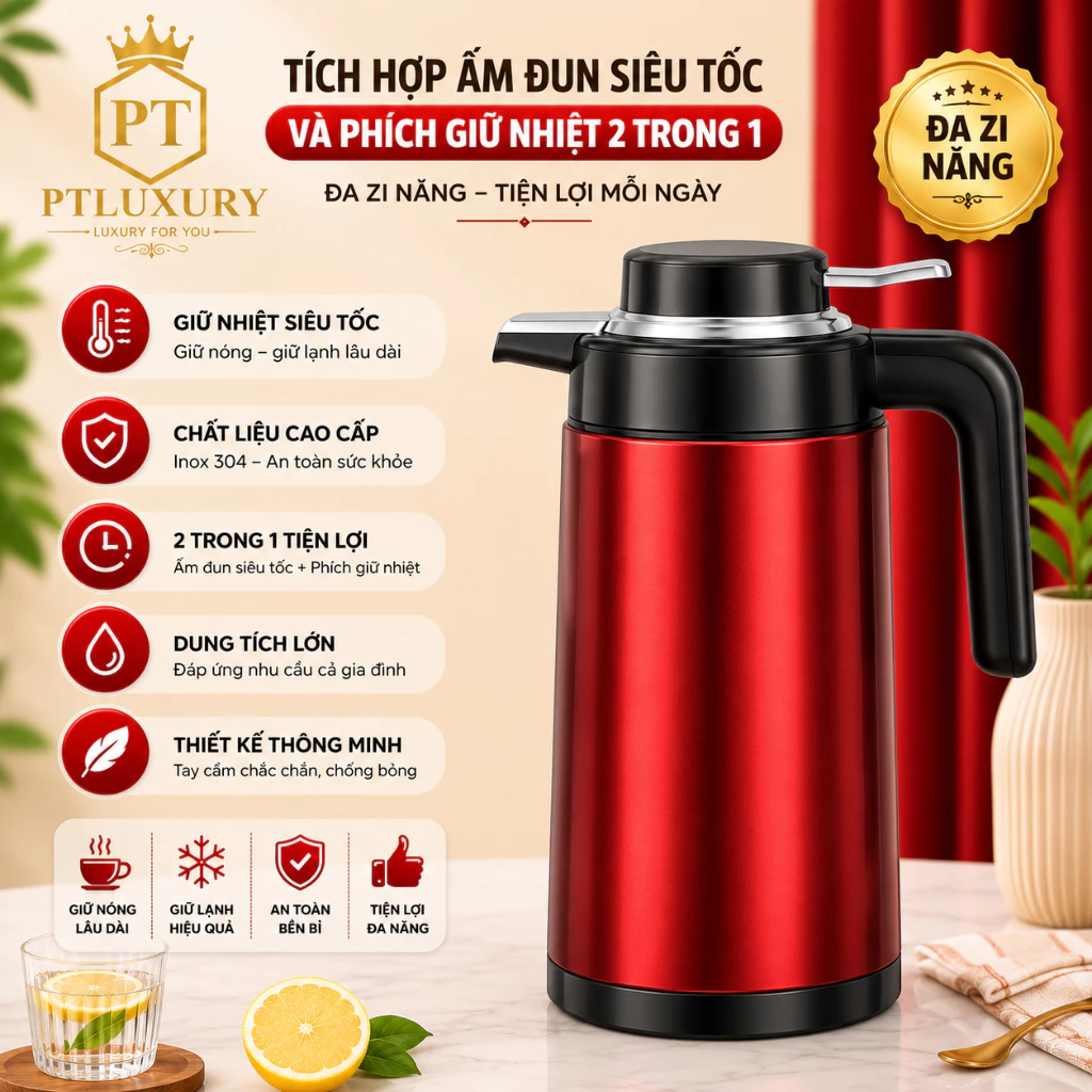 Ấm Siêu Tốc PTLUXURY 2 in 1 Dung Tích 3 Lít Đun Sôi Và Ủ Nóng 24h