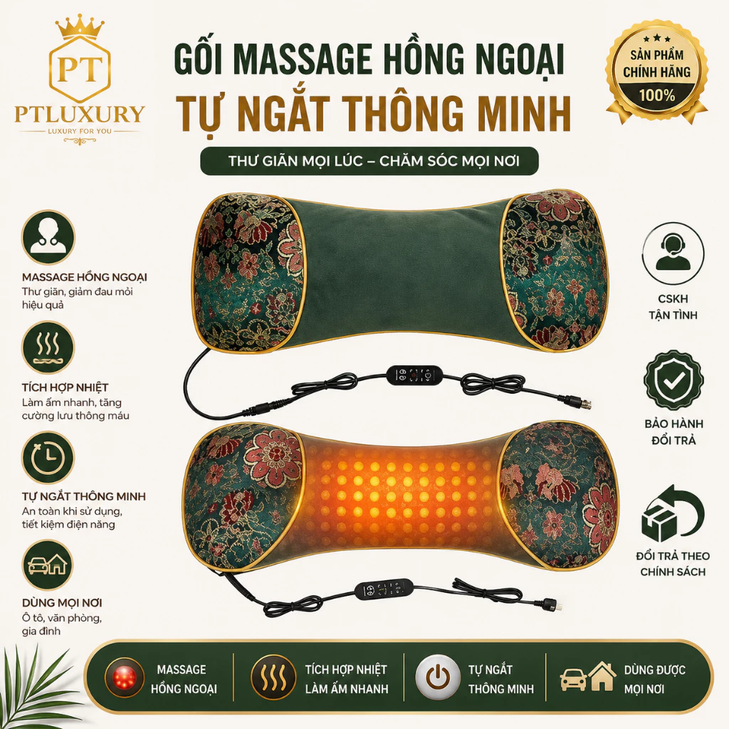 Gối ngải cứu PTLUXURY sưởi ấm bằng điện bảo vệ cột sống cổ vai gáy