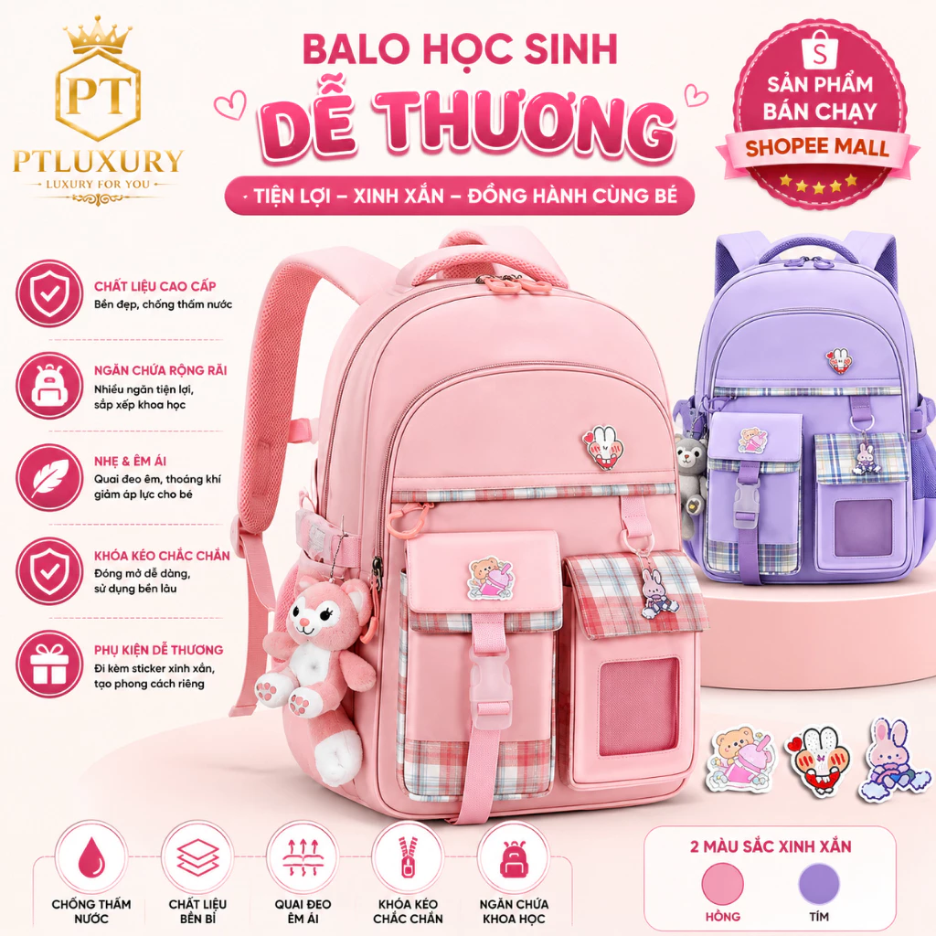 Balo chống gù PTLUXURY chống nước siêu nhẹ chỉ 0,6 Kg không gian balo cực rộng [ TẶNG KÈM GẤU BÔNG ]