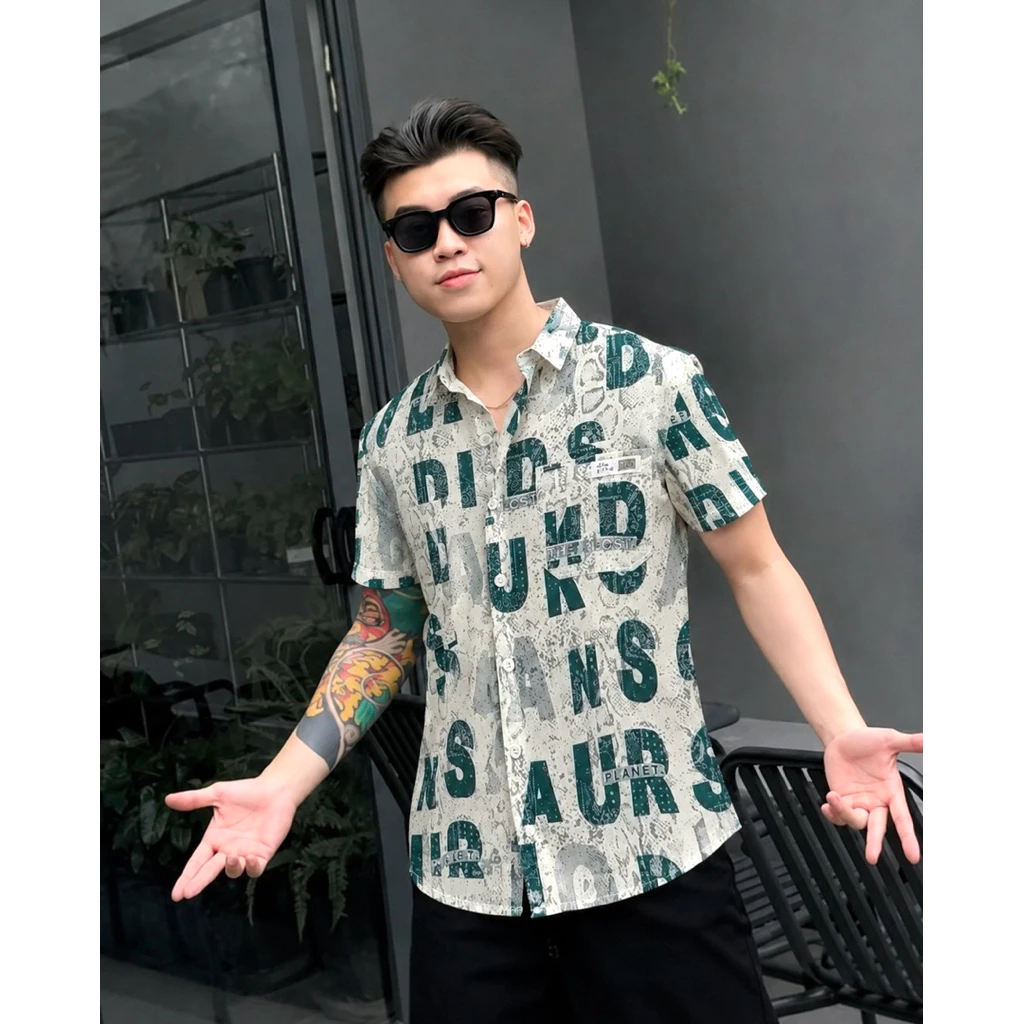 Áo Sơ Mi Nam Ngắn Tay Hoạ Tiết Loang in Chữ Mago Co Dãn Nhẹ Đứng From - Menswear , Cổ Bẻ