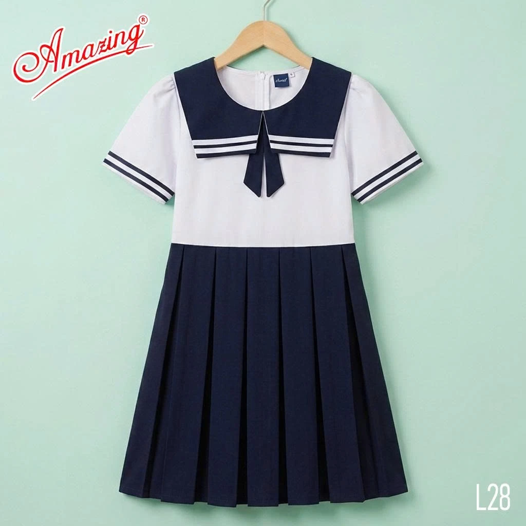 Áo đầm bé gái tiểu học, cổ viền phối xanh lính thuỷ cute, tùng váy xéo và xếp ly, bigsize tới 65kg