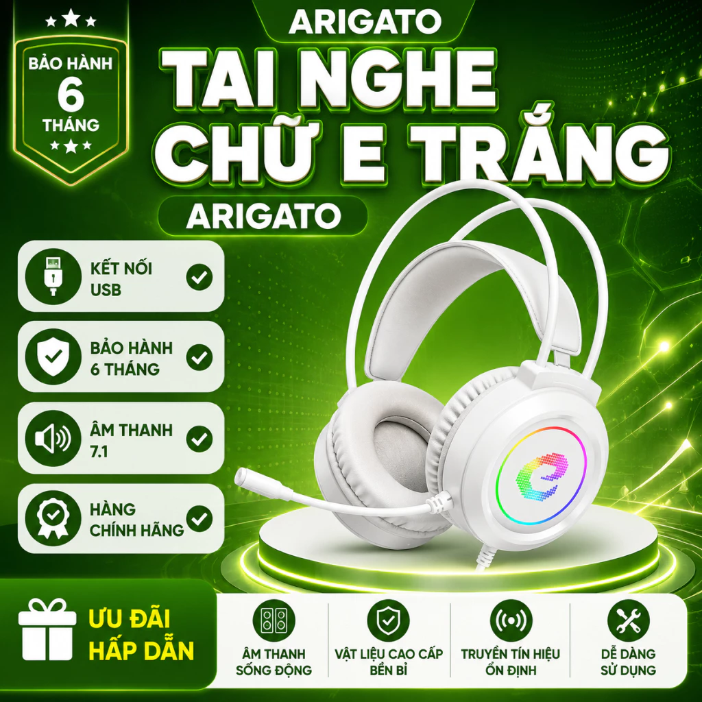 Tai Nghe Chữ E Màu Trắng ARIGATO Âm Thanh 7.1 Kết Nối Ổn Định Bảo Hành 12 Tháng Cho Laptop PC