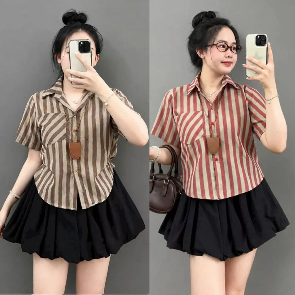 Sơ Mi Bigsize Nữ Dáng Lửng Kẻ Sọc Phối Túi Xinh Vạt Bầu Tay Ngắn Vải Linen Xước Size 55-92kg - A288