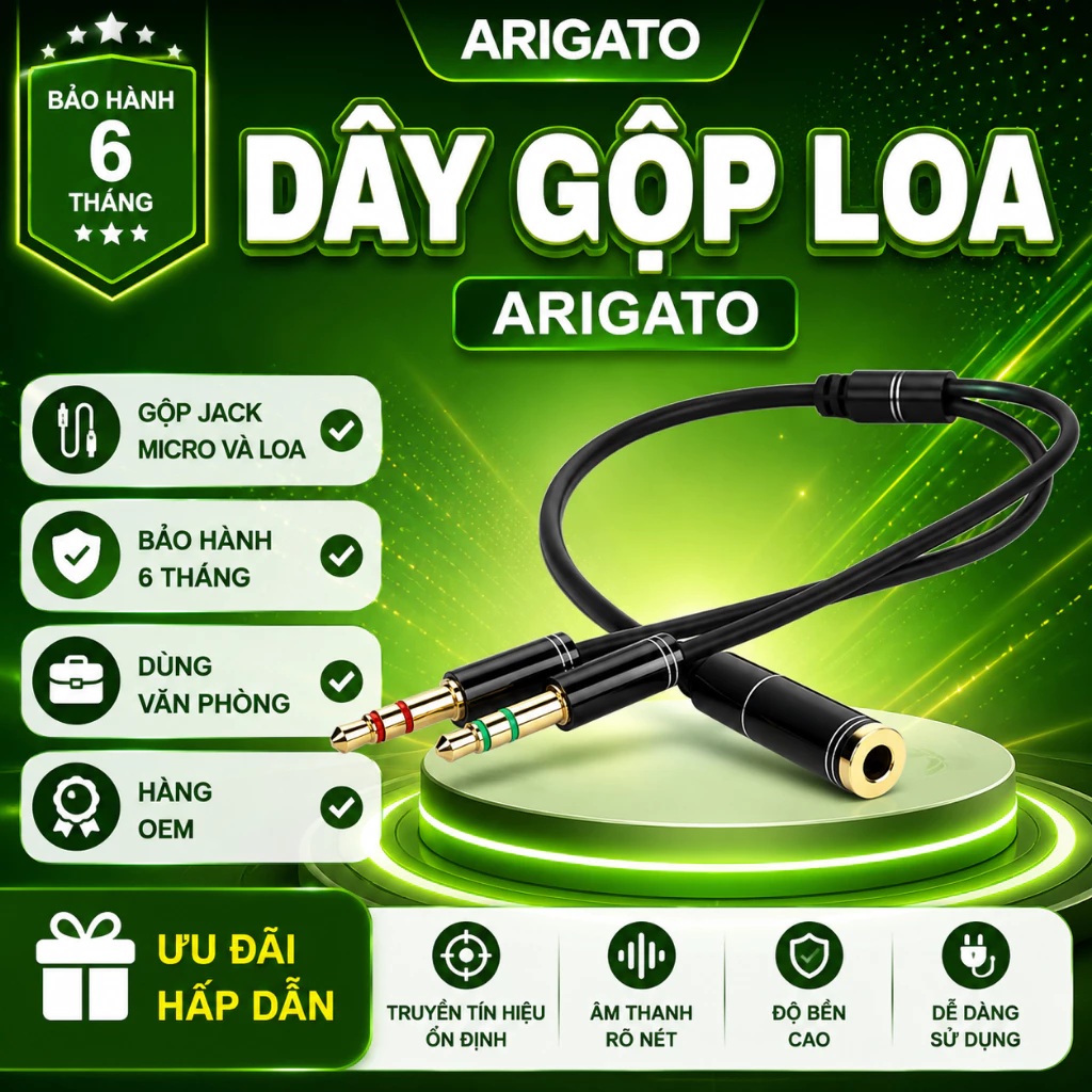 Dây Gộp Mic Và Loa Thành 1 Jack 3.5mm ARIGATO 25CM Cáp Gộp Âm Thanh Cho Laptop Máy Tính Giá Rẻ