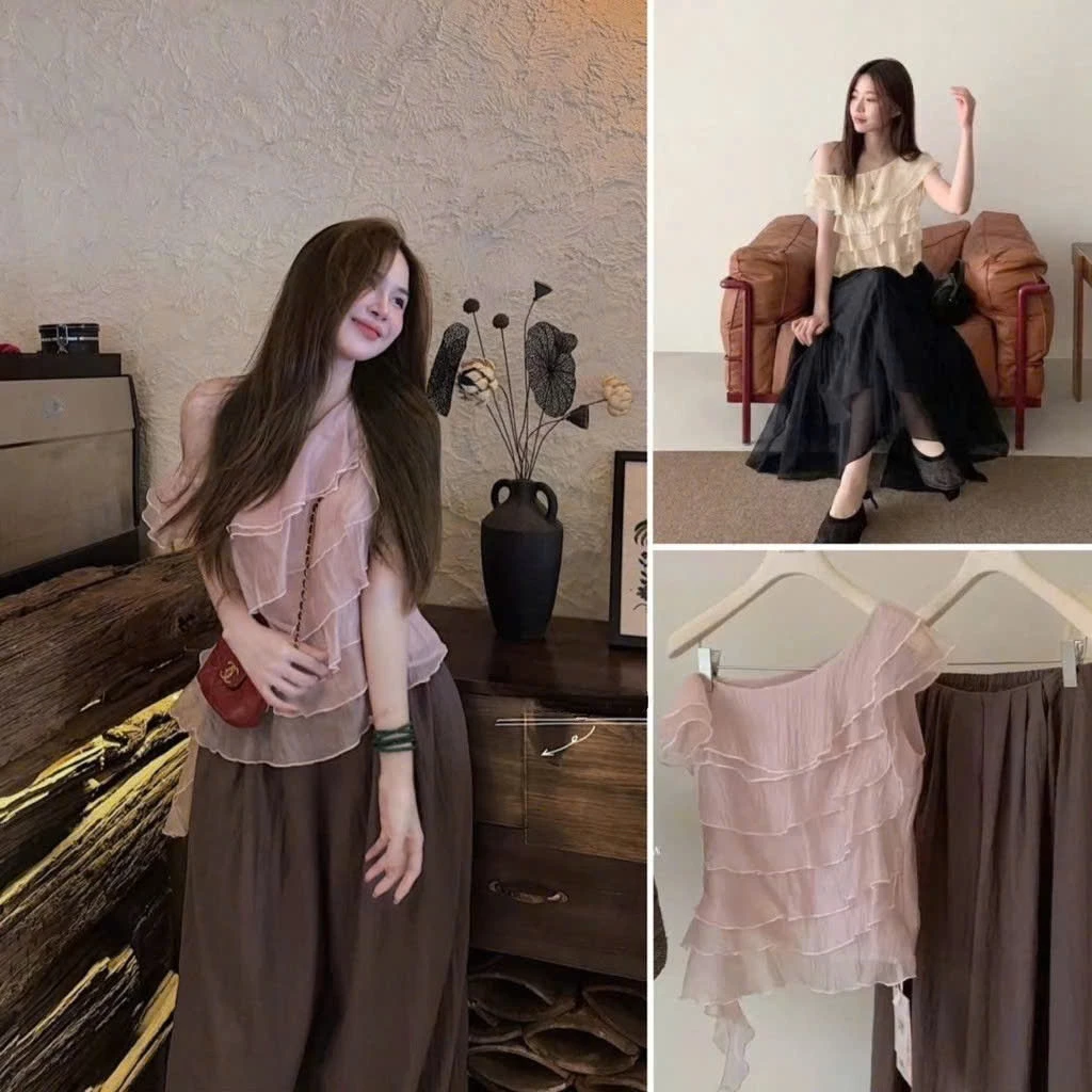 Áo Babydoll Kiểu Nữ Dáng Trễ Hở Vai Bèo Nhún Xếp Tầng Điệu Đà Mùa Hè Kimee