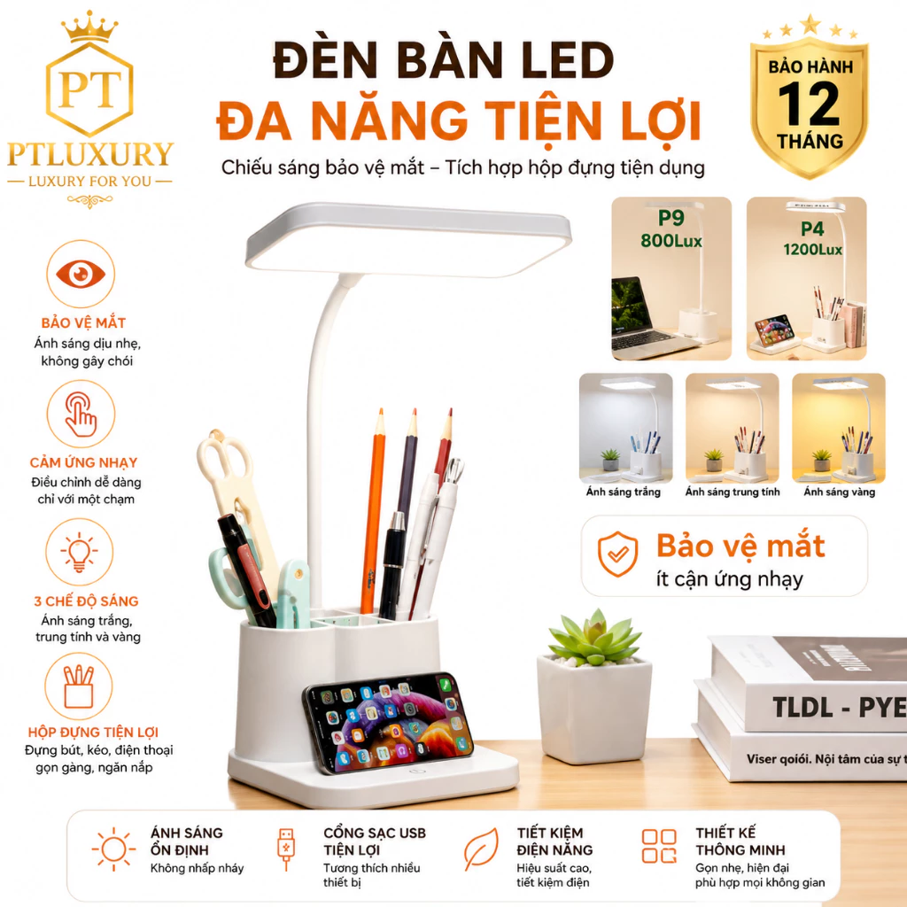Đèn Học Để Bàn Tích Điện Có Nút Cảm Ứng Kèm 3 Chế Độ Ánh Sáng Phù Hợp Bảo Vệ Mắt - PTLUXURY
