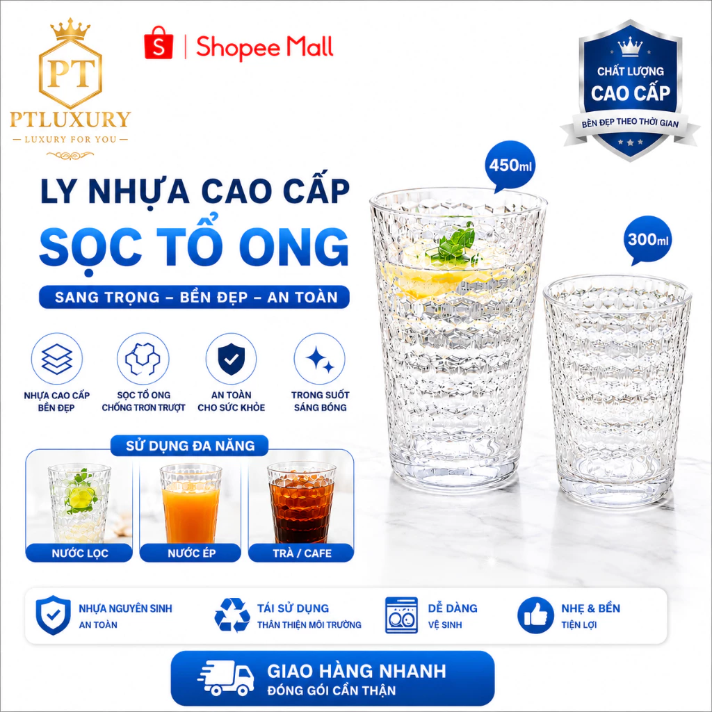 [ COMBO 10 CÁI ] Cốc Nhựa Tổ Ong 300ml,380ml,450ml Chịu Nhiệt Cao