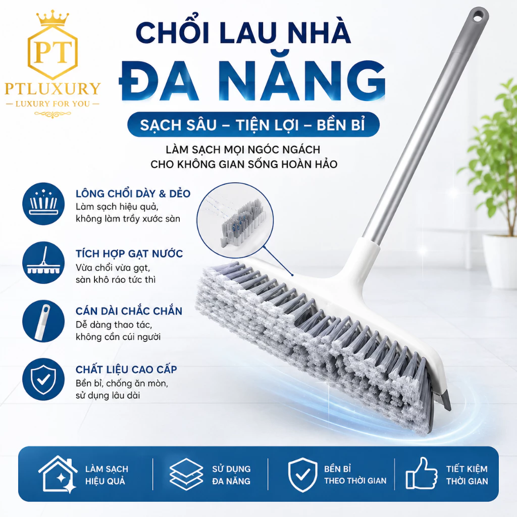 Cây quét sàn nhà tắm PTLUXURY đa năng 2 trong 1 chổi cọ nhà vệ sinh và gạt nước chổi gạt nước cán dài 125 cm