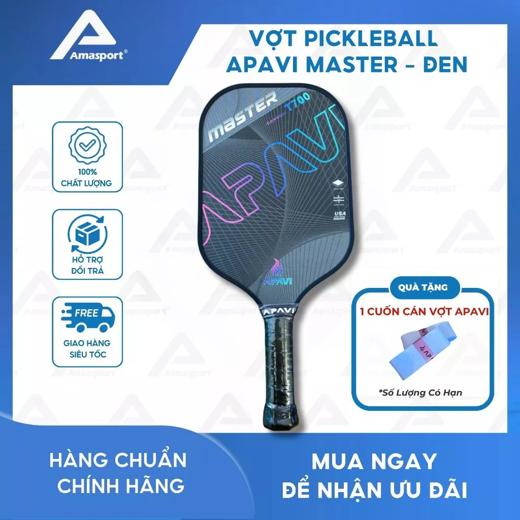 Vợt Pickleball Apavi MASTER màu ĐEN, 100% Sợi Carbon T700, dày 16mm, phù hợp lối đánh tấn công