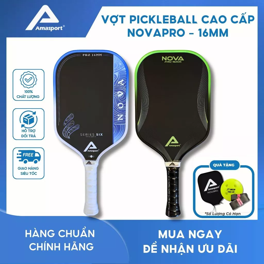 Vợt Pickleball NOVAPRO - 16mm Chính Hãng AMA SPORT Mặt Nhám Cao Tạo Spin Mạnh Kiểm Soát Tốt Chuẩn Thi Đấu