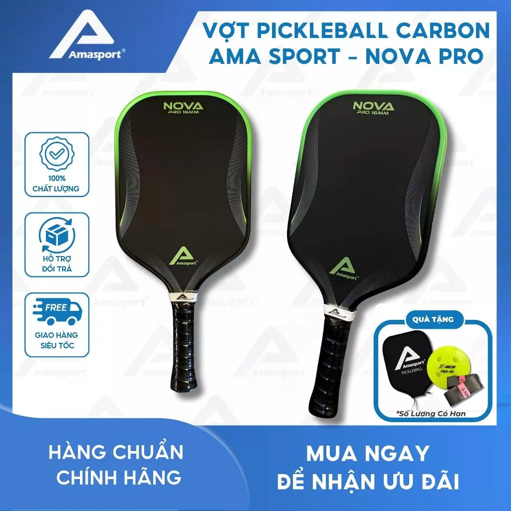 Vợt pickleball carbon AMA SPORT - NOVA PRO mặt nhám tạo xoáy phù hợp với người mới chơi và chơi nâng cao