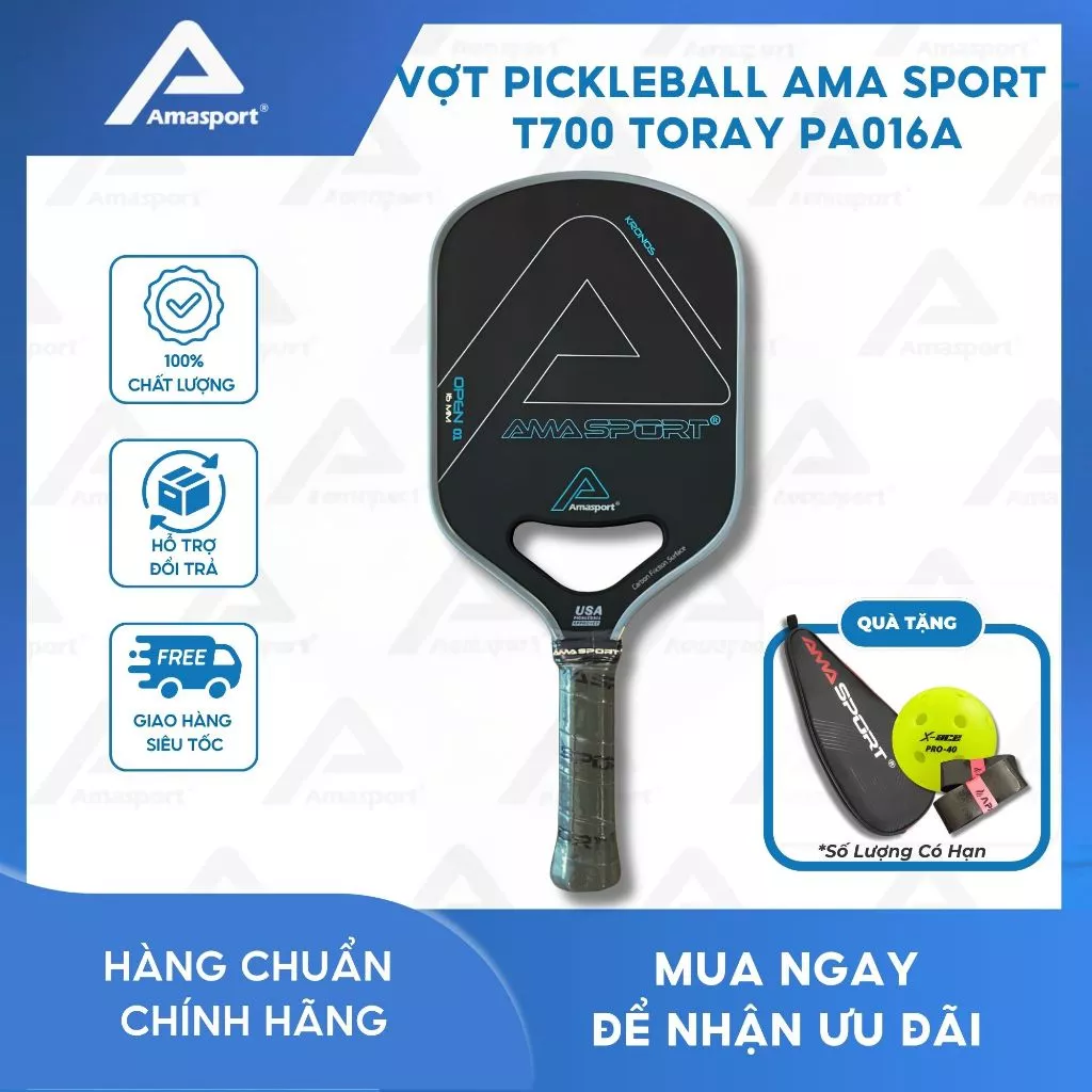 Vợt pickleball chính hãng AMA SPORT - T700 TORAY PA016A - 16mm mặt vợt độ nhám cao tăng ma sát