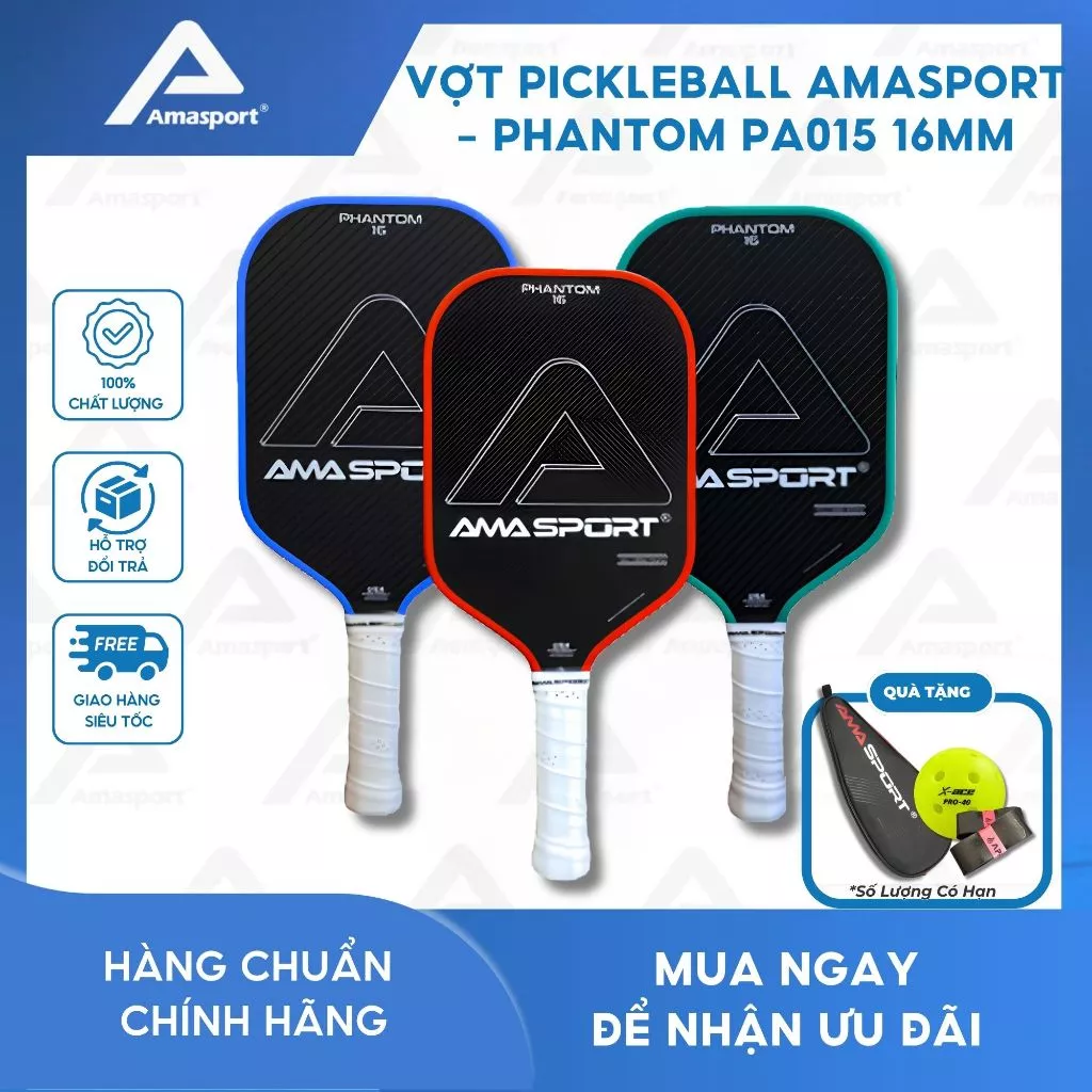 Vợt pickleball chính hãng AMA SPORT - PHANTOM PA015 16mm mặt vợt độ nhám cao tăng ma sát