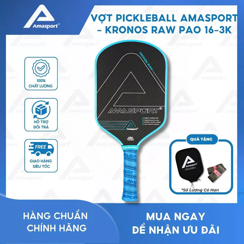 Vợt Pickleball chính hãng AmaSport -  KRONOS RAW PAO 16-3K cao cấp kết cấu sợi carbon mờ -loại kiểm soát bề mặt