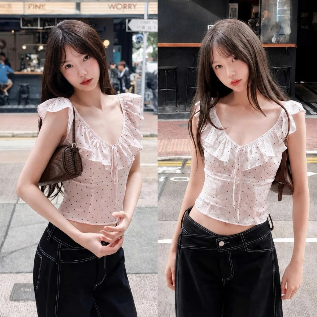 (Kèm Mút) Áo croptop bèo nhún Hồng chấm bi dáng ôm nữ By Bun222