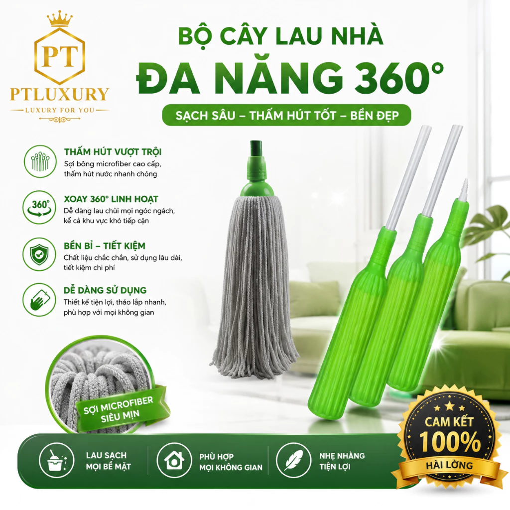 Cây Lau Nhà Tự Vắt PTLUXURY Cán Inox Dài 1M7 Có Thể Tháo Rời Bông Lau Thấm Hút Tốt Mẫu Mới 2024