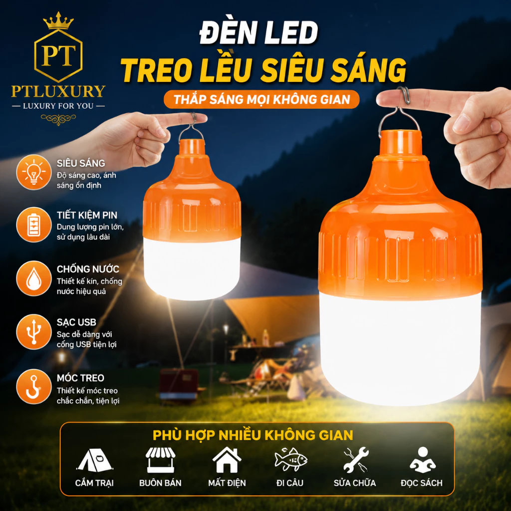 Bóng Đèn LED Tích Điện Công Suất 100W Chống Nước Có Móc Treo Tiện Lợi
