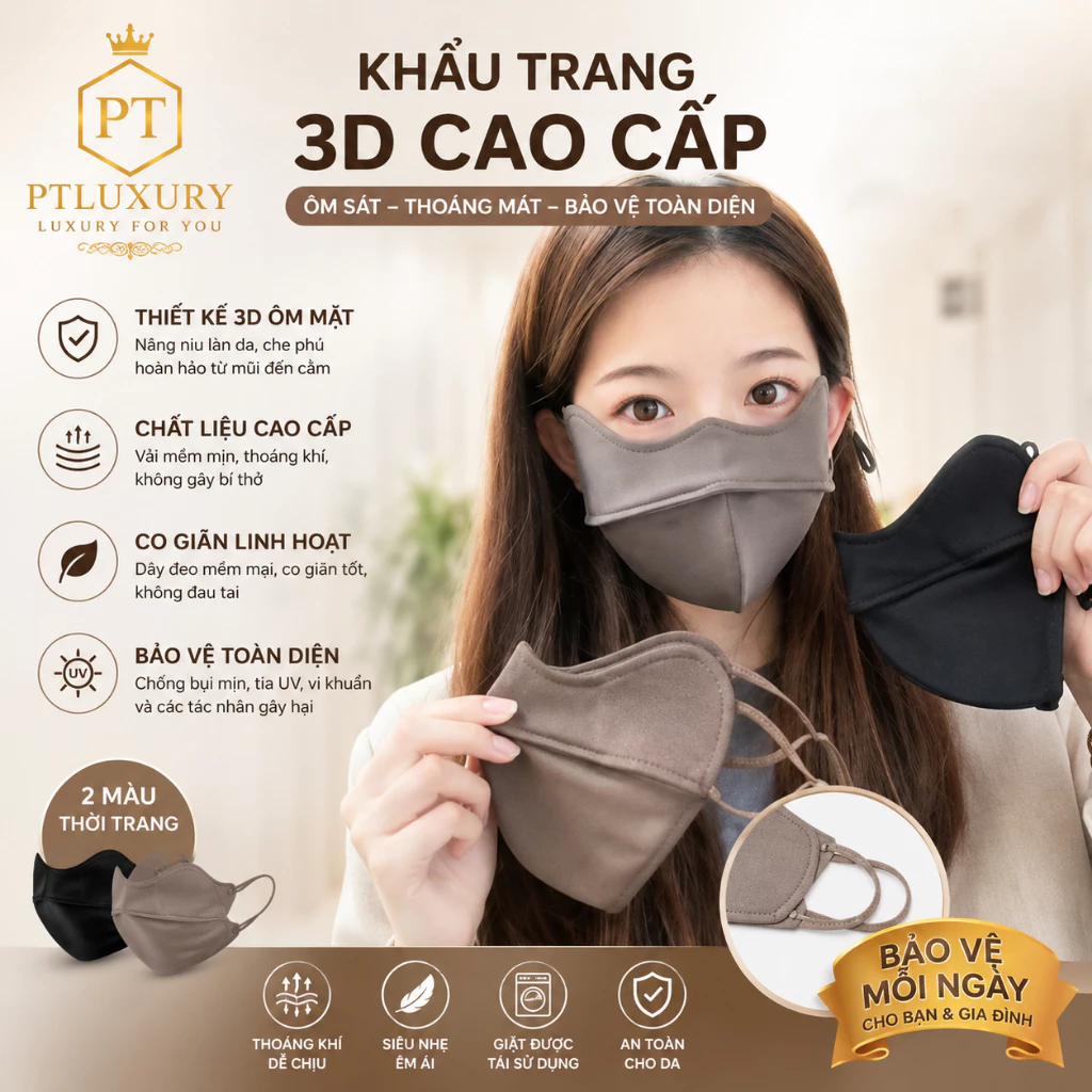 Khẩu trang chống tia UV PTLUXURY chất liệu bằng lụa mềm mịn mát thông thoáng