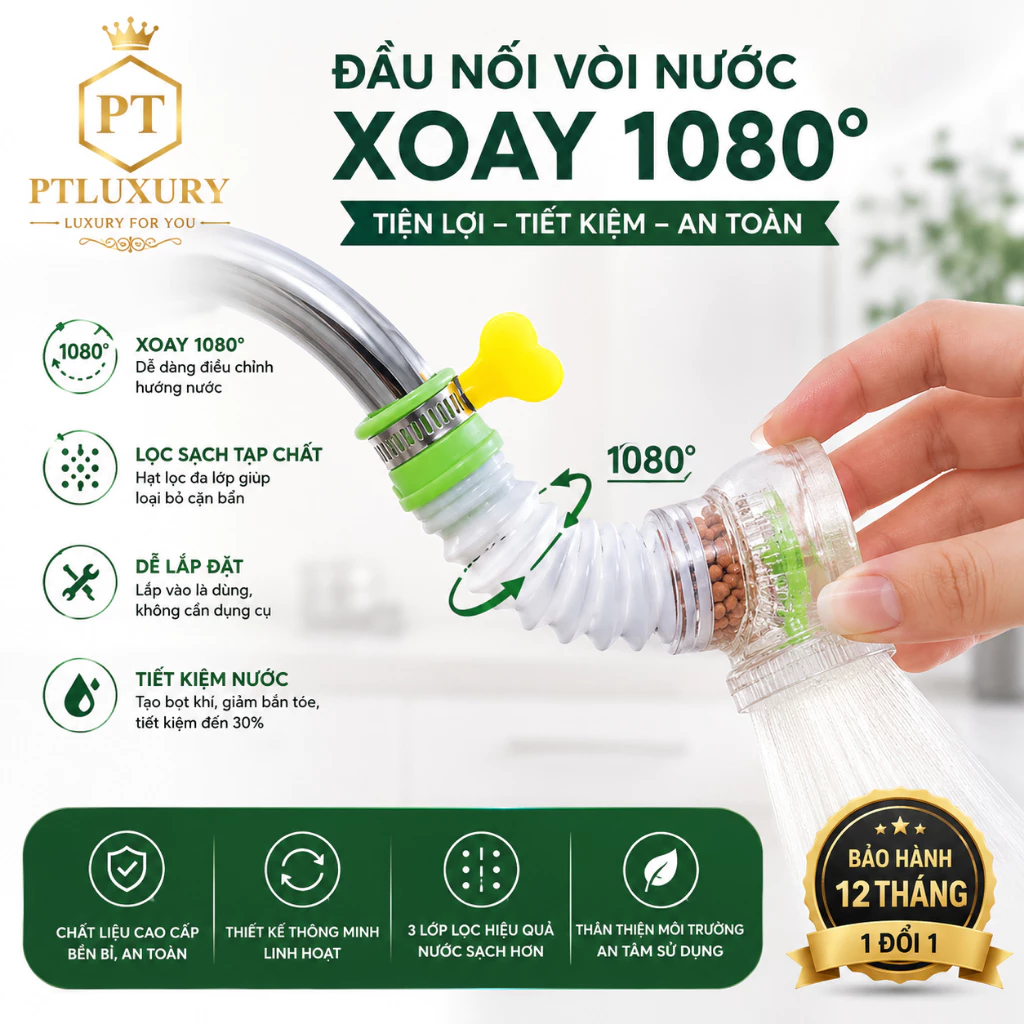 [ COMBO 3 CÁI ] Đầu Vòi Lọc Nước Tăng Áp PTLUXURY Xoay 360 Độ Rửa Chén Bát Lọc Sạch Cặn Bẩn