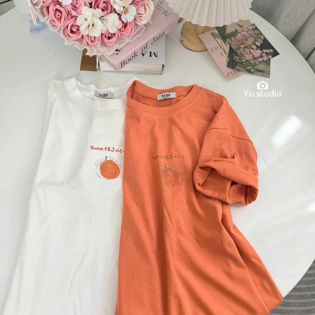 Áo thun YUSTUDIO3158 chất cotton khô form rộng tay lỡ nam nữ mẫu Quả Cam