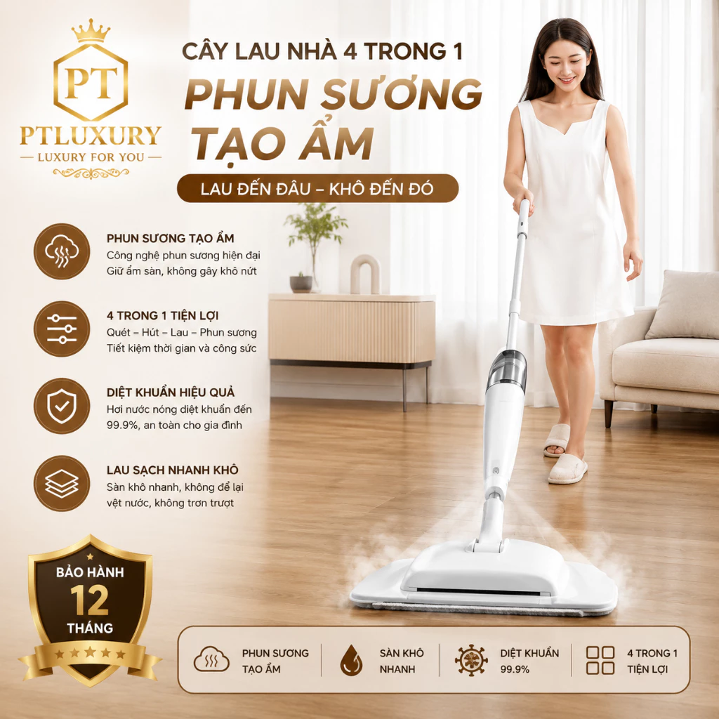 Chổi Lau Nhà Phun Sương 360 độ PTLUXURY Cây Lau Nhà Thông Minh Phun Sương Xoay 360 Độ Tiện Ích Cho Gia Đình
