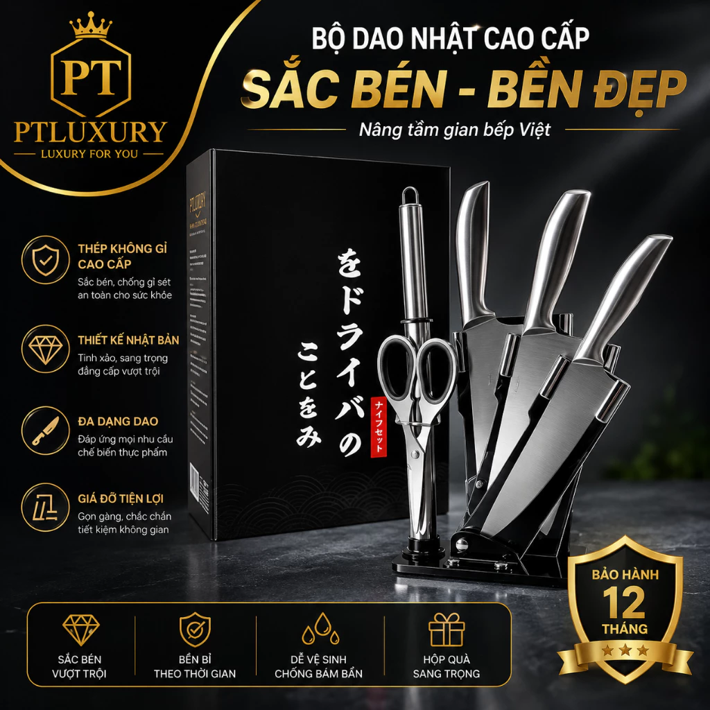 Bộ dao kéo Nhật PTLUXURY 5 món kèm đế để dao sang trọng [ HÀNG NHẬP KHẨU ]