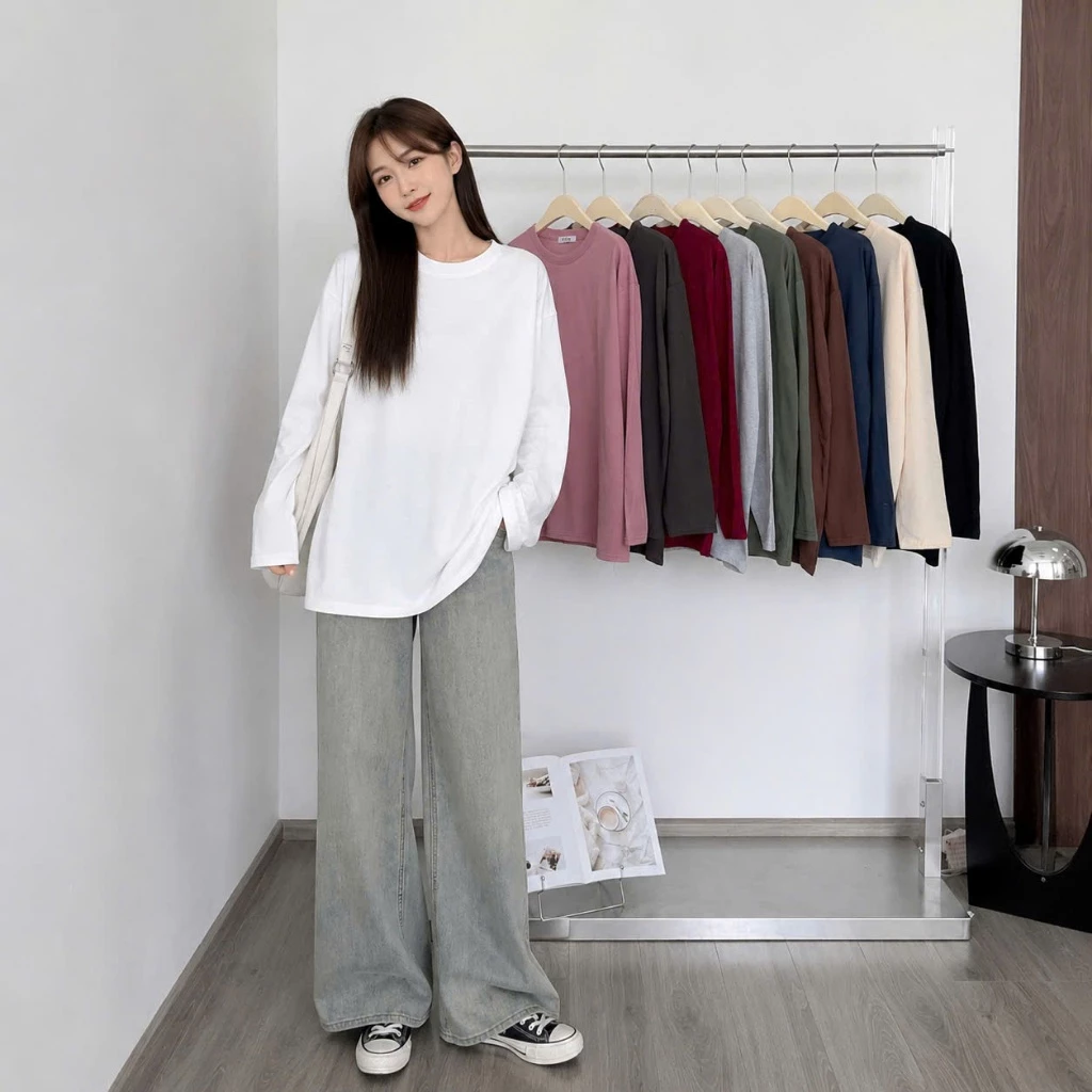 Áo thun YUSTUDIO3158, áo thun tay dài form rộng chất cotton khô, áo thu đông mẫu Trơn Tay Dài