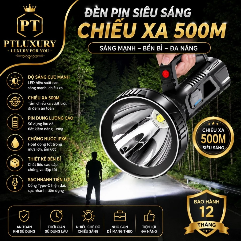 Đèn pin siêu sáng chiếu xa 500m chống thấm nước có chân đế - PTLUXURY