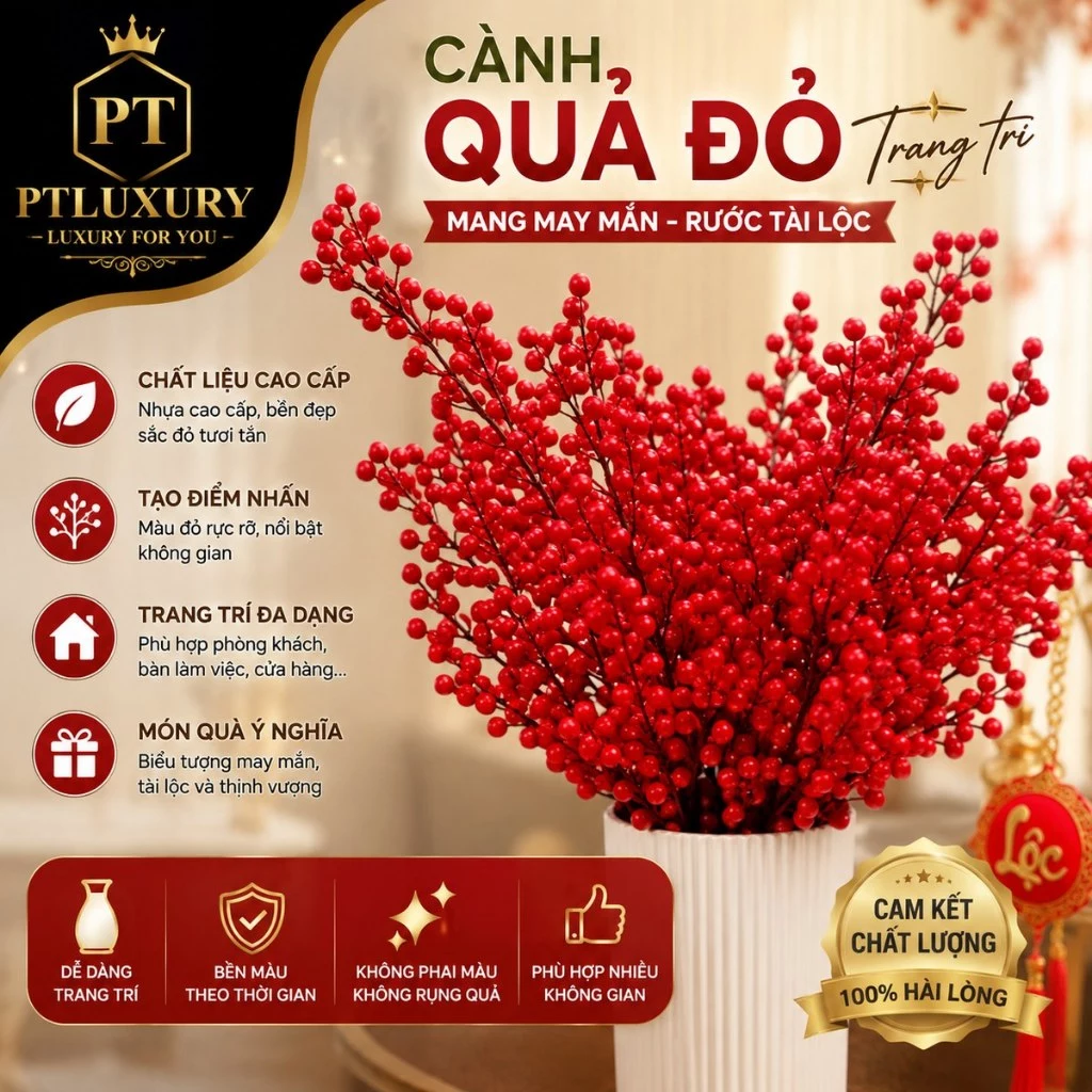 Cành Đào Đông Đỏ 1 Cành 12 Nhánh Cao Cấp Trang Trí Nhà Cửa Văn Phòng Tết