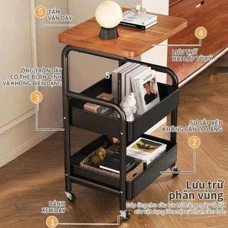 Kệ để đồ 3 tầng có bánh xe khung thép chắc chắn mặt gỗ sang trọng đa năng