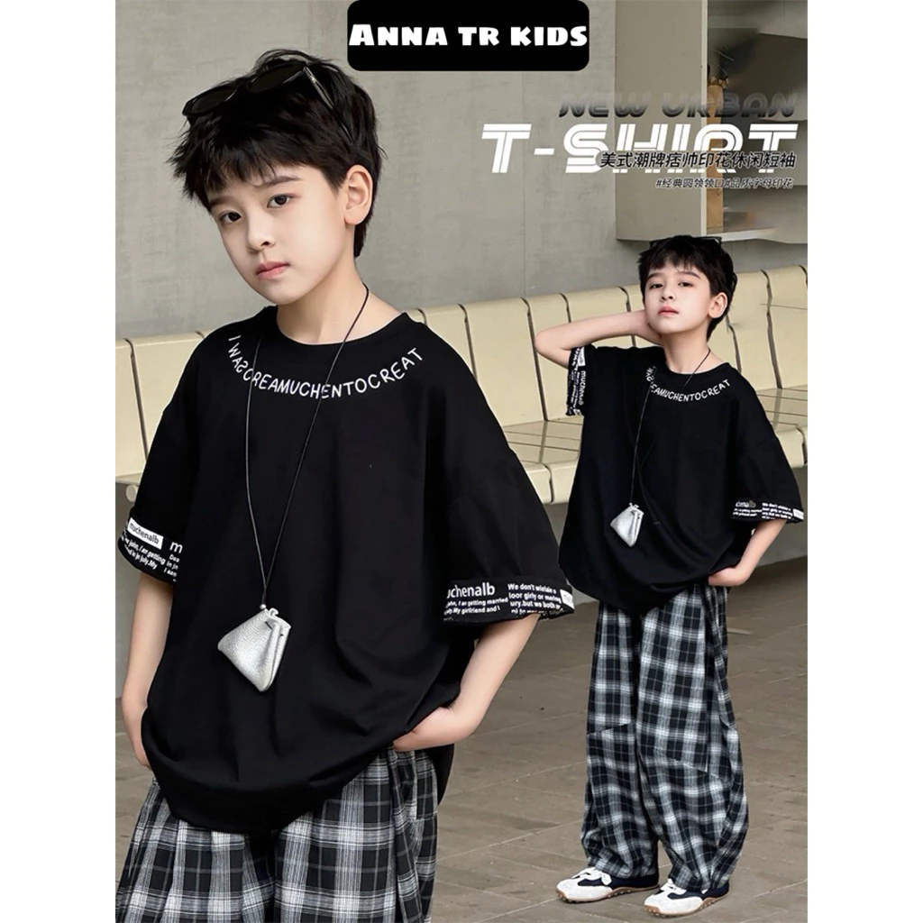 ( Ảnh Thật ) 58016 [120-170] Áo Lẻ/Quần lẻ dài caro, áo thun đen phối chữ Quảng Châu Bé Trai phong cách cá tính đơn giản