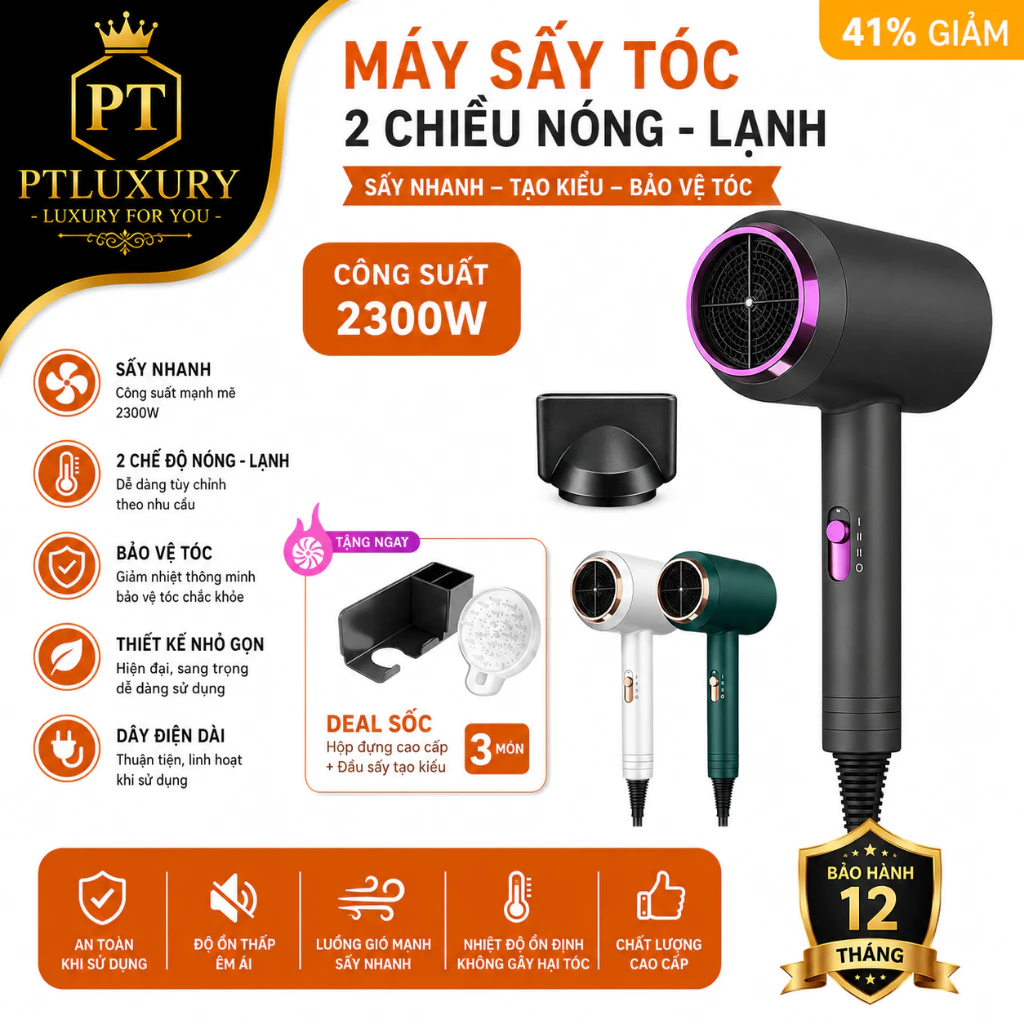 Máy sấy tóc PTLUXURY 2 chiều nóng lạnh công suất lớn 2300W 3 chế độ sấy [ HÀNG TỐT ]