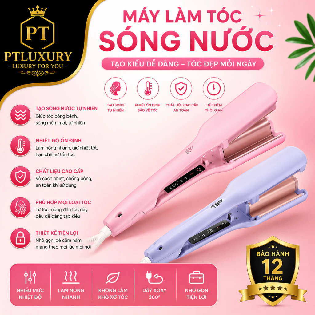 Máy Uốn Tóc Xoăn PTLUXURY Sóng Nước 32mm Chất Liệu Gốm Sứ Ceramic Cao Cấp [ HÀNG CHÍNH HÃNG ]