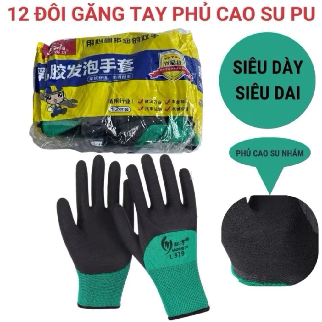 Bịch 12 Đôi găng tay phủ cao su sần 379 găng tay lao động, găng tay PU