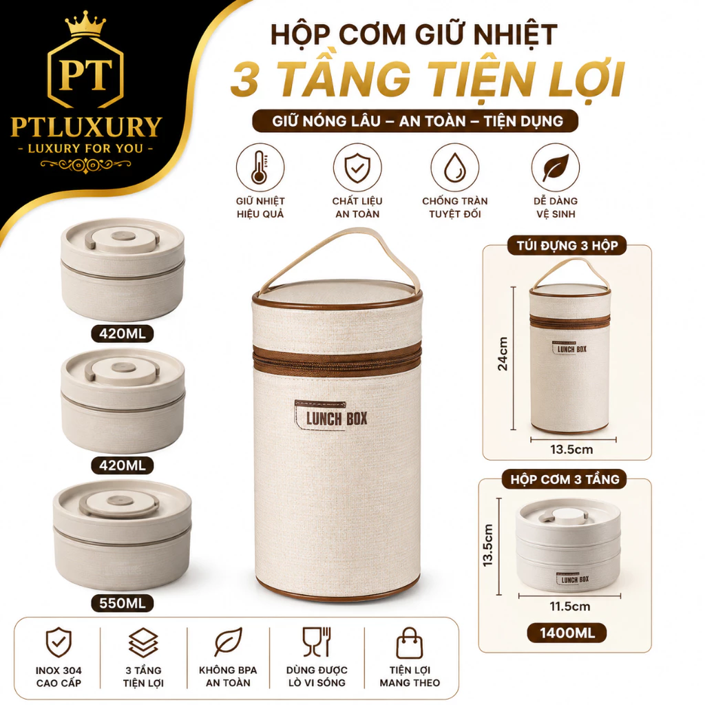 Hộp Đựng Cơm Giữ Nhiệt Kèm Túi 3 Tầng PTLUXURY Hộp Cơm Văn Phòng Cách Nhiệt 3 Tầng Không Gỉ Tiện Lợi