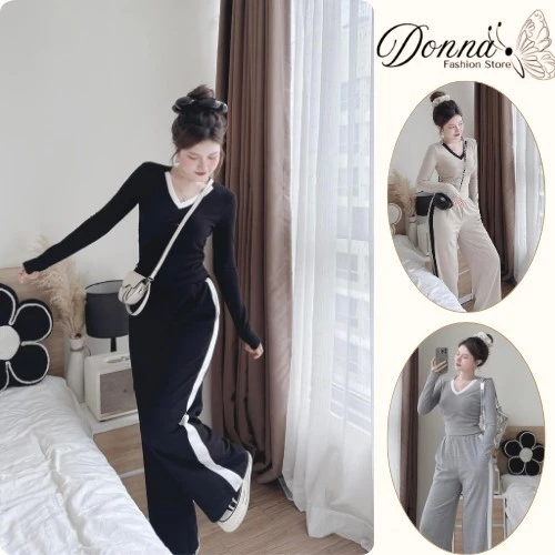 Set đồ nữ, đồ bộ nữ DONNA HCOM3335 thu đông cổ tim phối quần suông kẻ sọc dáng thể thao