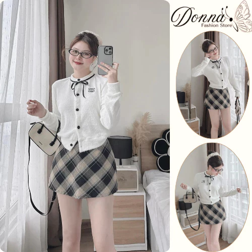 Set đồ nữ, đồ bộ nữ DONNA HCOM3590 áo len dài tay đính nơ mix chân váy chữ A kẻ caro siêu xinh
