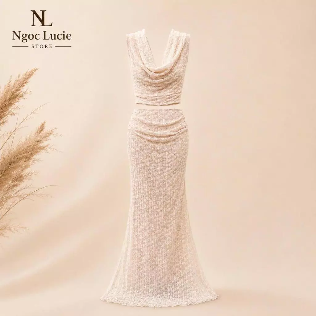 S361 - Set Áo Crop Cổ Đổ Kèm Chân Váy Đuôi Cá Maxi Vải Ren Gợi Cảm Sang Trọng Ngọc Lucie