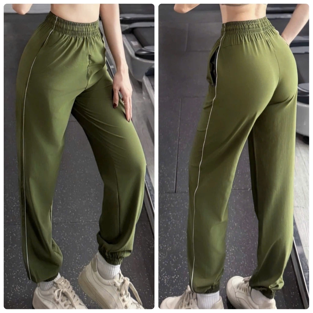 Quần Dài Jogger Thể Thao Nữ Sọc Trắng 2 Bên, Túi Khoá Kéo Xịn Xò