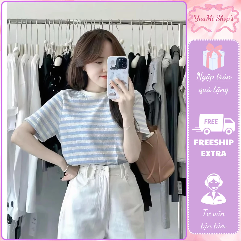 Áo phông cotton kẻ ngang nữ tay cộc ôm nhẹ tôn dáng che khuyết điểm vai mặc đi làm cực chất D1604