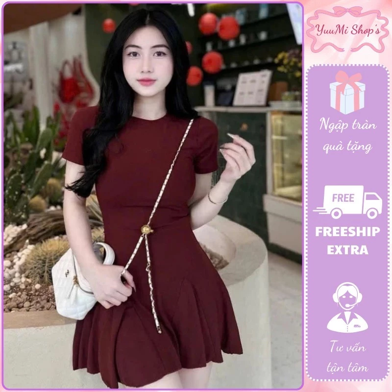 Váy midi cổ tròn tay ngắn dáng xòe cá tính, váy liền thân ôm body đuôi xếp ly thể thao năng động cá tính Yuumi HCOM25022