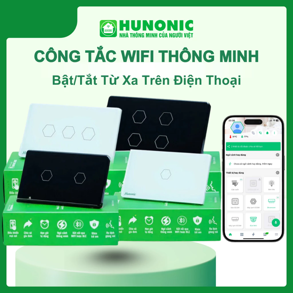 Công Tắc Cảm Ứng Thông Minh Wifi Hunonic Datic 1,2,3,4 Nút Hẹn Giờ Từ Xa Qua App