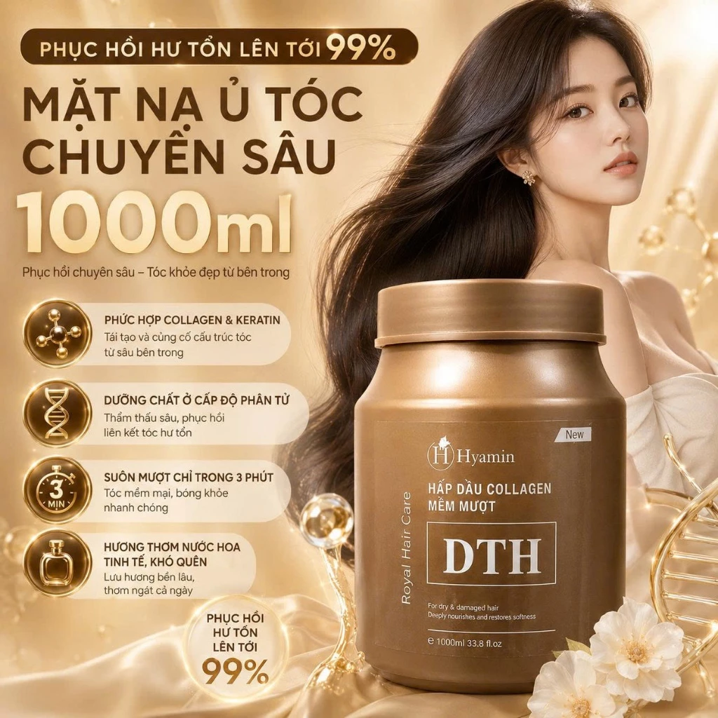 Kem Ủ Tóc Phục Hồi Collagen DTH 1000ml Cho Tóc Tẩy Nhuộm Hư Tổn, Thơm Như Nước Hoa