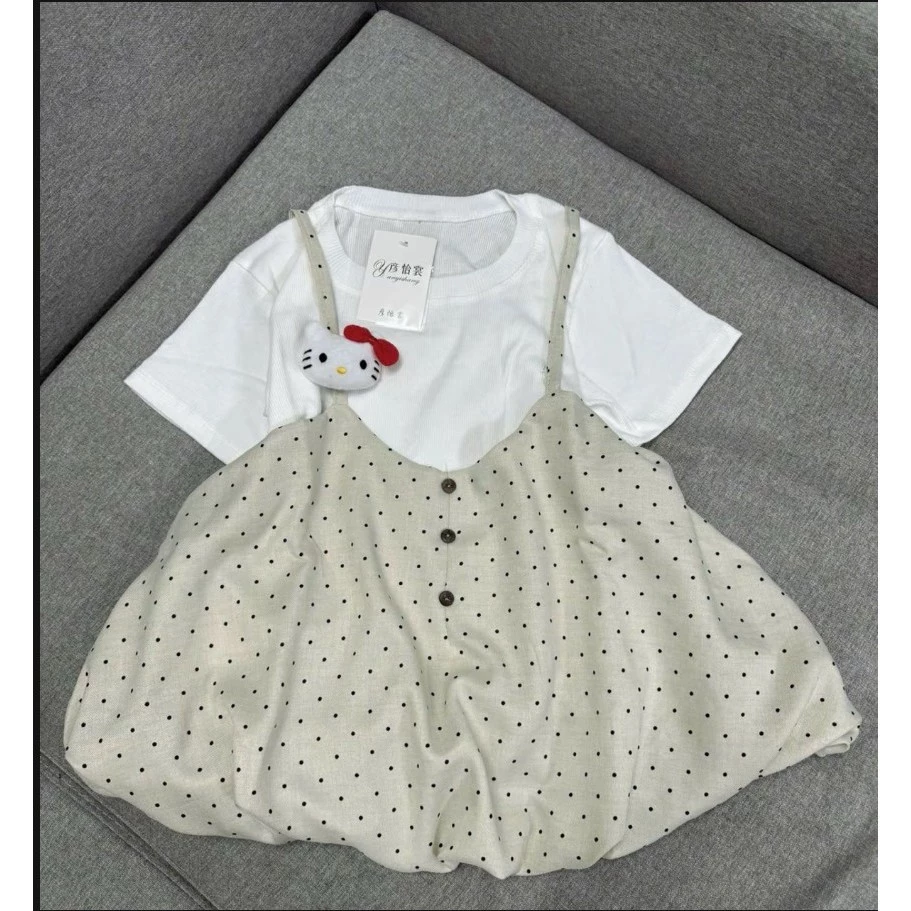 Sét Áo Yếm Mix Charm Gấu Kèm Áo Thun Trắng Dễ Thương Chất Liệu Cotton Mềm Mát Co Dãn