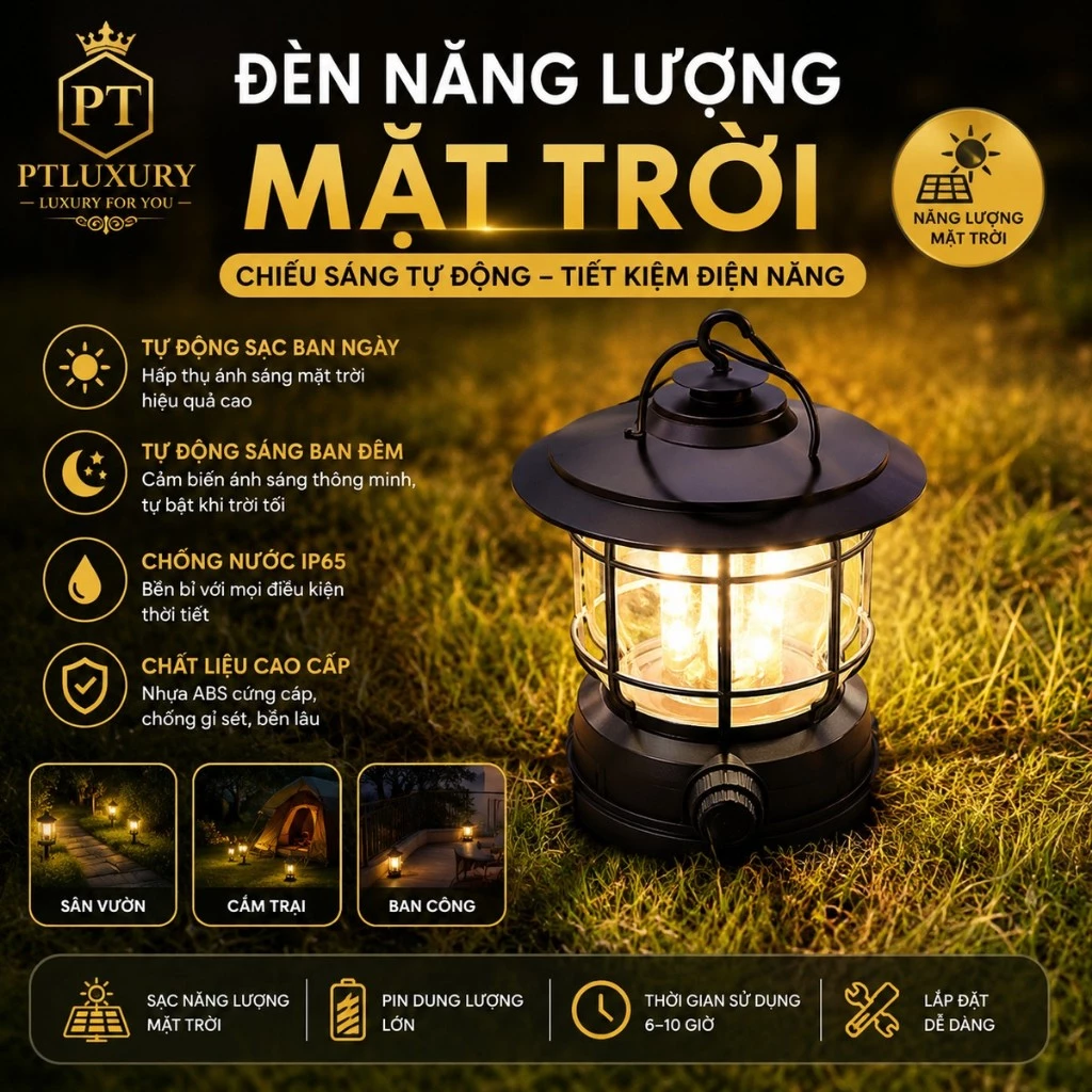 Đèn Cắm Trại PTLUXURY Dã Ngoại Du lịch Dùng Pin Sạc USB Tích Điện Thời Gian Sử Dụng Lên Tới 6h [ HÀNG CAO CẤP ]