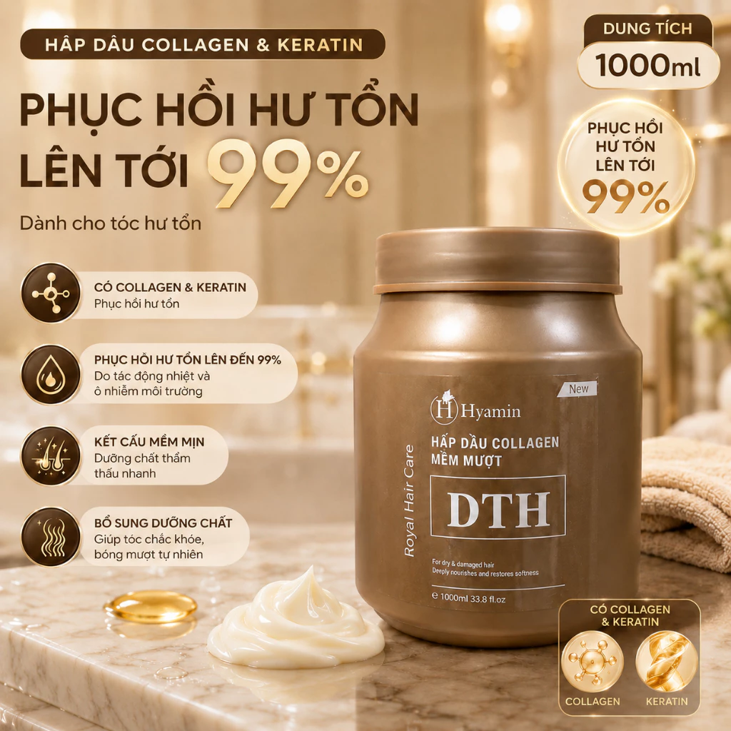 Kem Ủ Tóc Hyamin Collagen DTH Phục Hồi Tóc Hư Tổn, Giảm Khô Xơ, Dưỡng Mềm Mượt Chắc Khỏe 1000ml