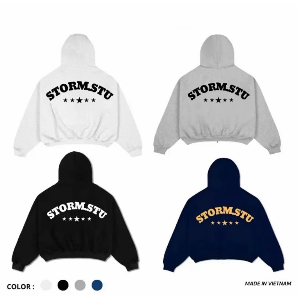 Áo Khoác Hoodie Zip - Áo khoác nỉ Boxy In Dập Nổi Chữ STORMSTU Chất Nỉ Bông Cao Cấp Nam Nữ